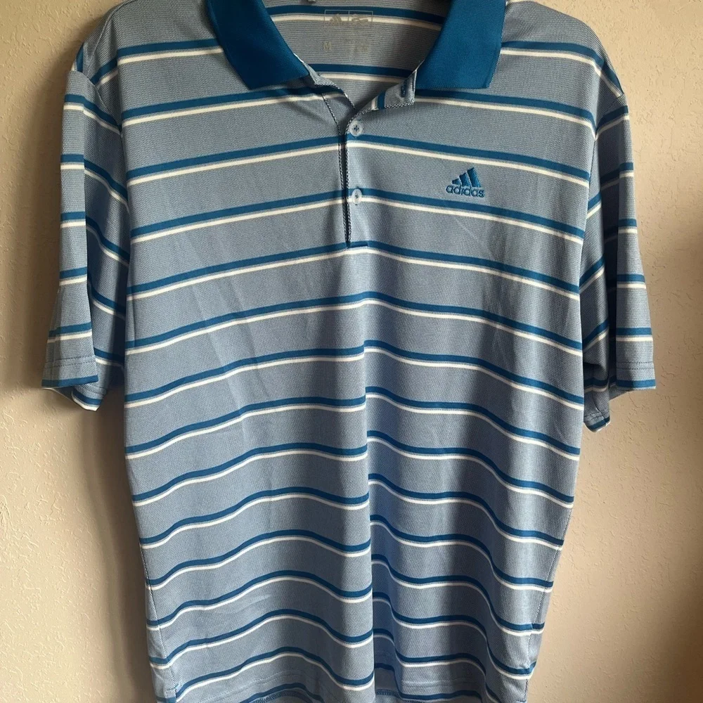 Men’s Blue Striped Adidas Short Sleeve Golf Polo Size M